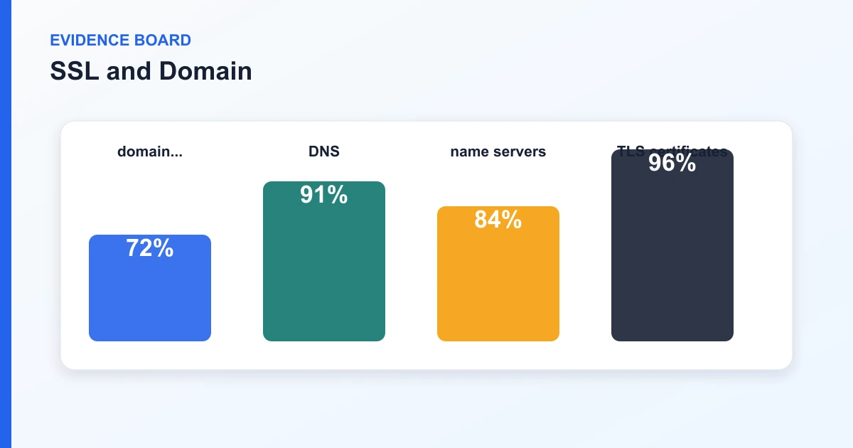 SSL and Domain evidence board covering domain..., DNS, name servers, TLS certificates