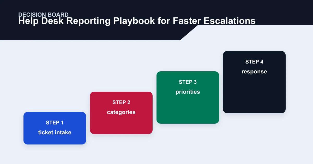Help Desk Reporting Playbook for Faster Escalations decision board covering ticket intake, categories, priorities, response