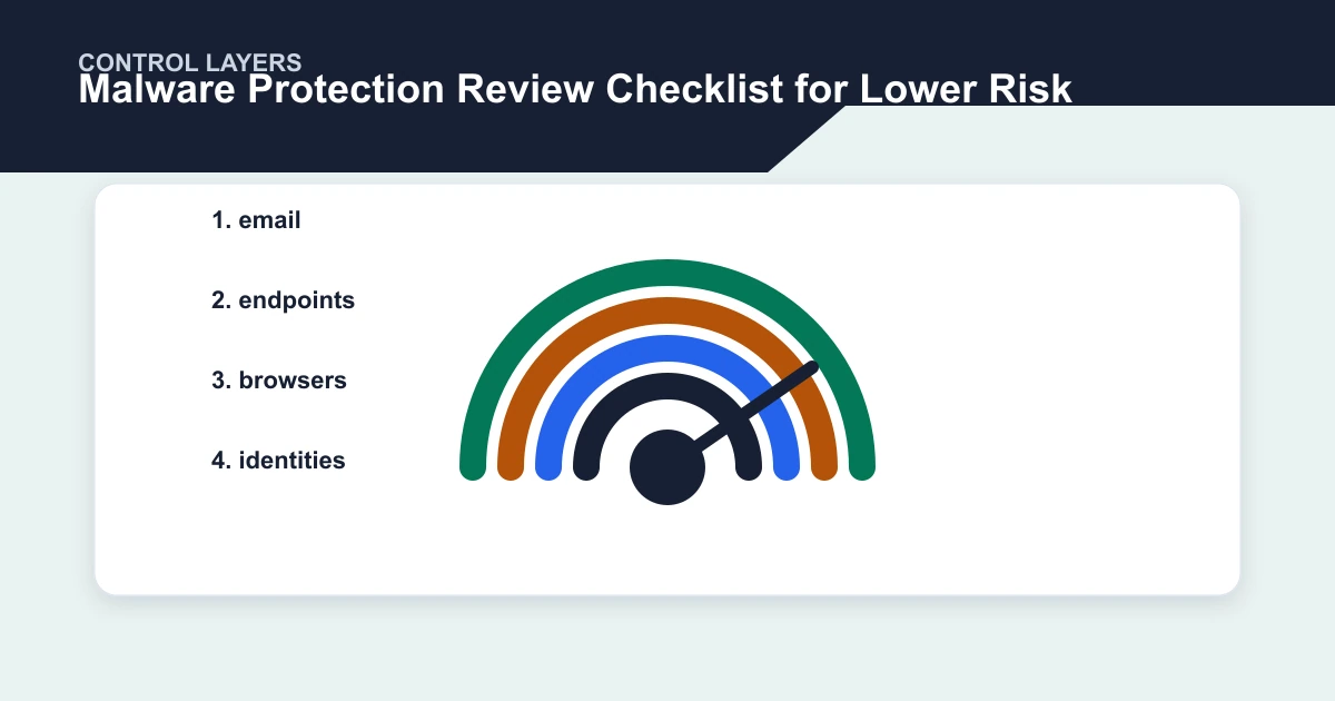 Malware Protection Review Checklist for Lower Risk control layers covering email, endpoints, browsers, identities