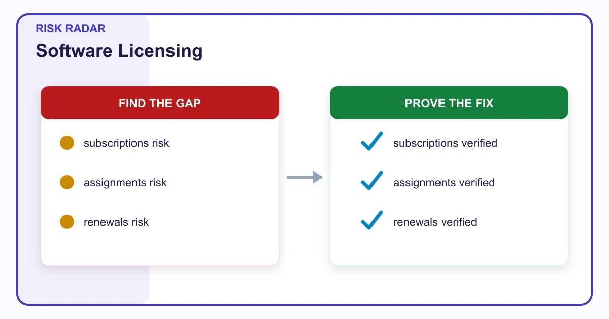 Software Licensing risk radar covering subscriptions, assignments, renewals, usage