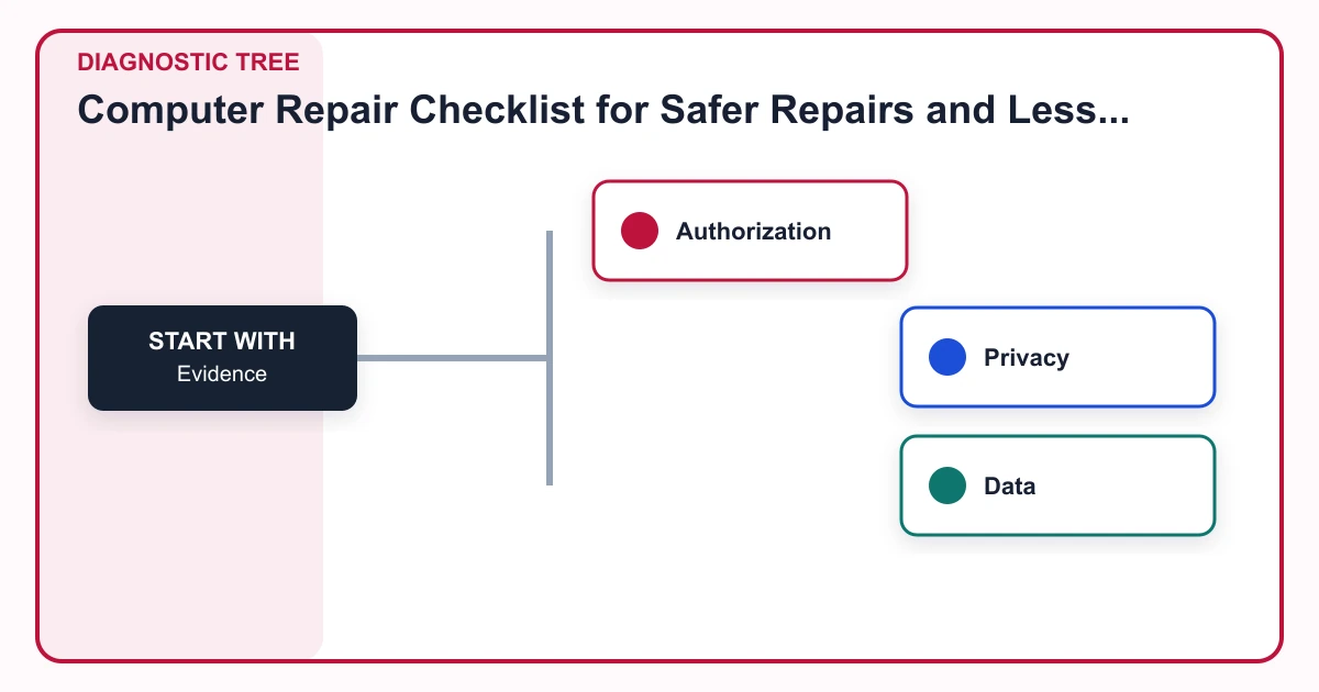 Computer Repair Checklist for Safer Repairs and Less Downtime diagnostic tree covering Evidence, Authorization, Privacy, Data
