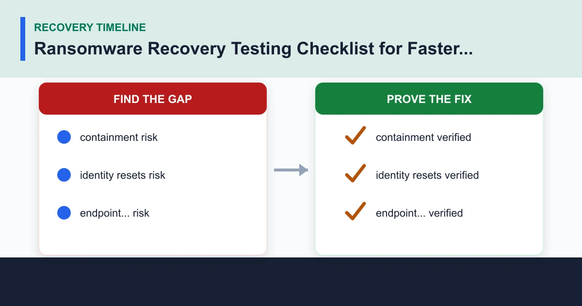 Ransomware Recovery Testing Checklist for Faster Restores recovery timeline covering containment, identity resets, endpoint..., backups