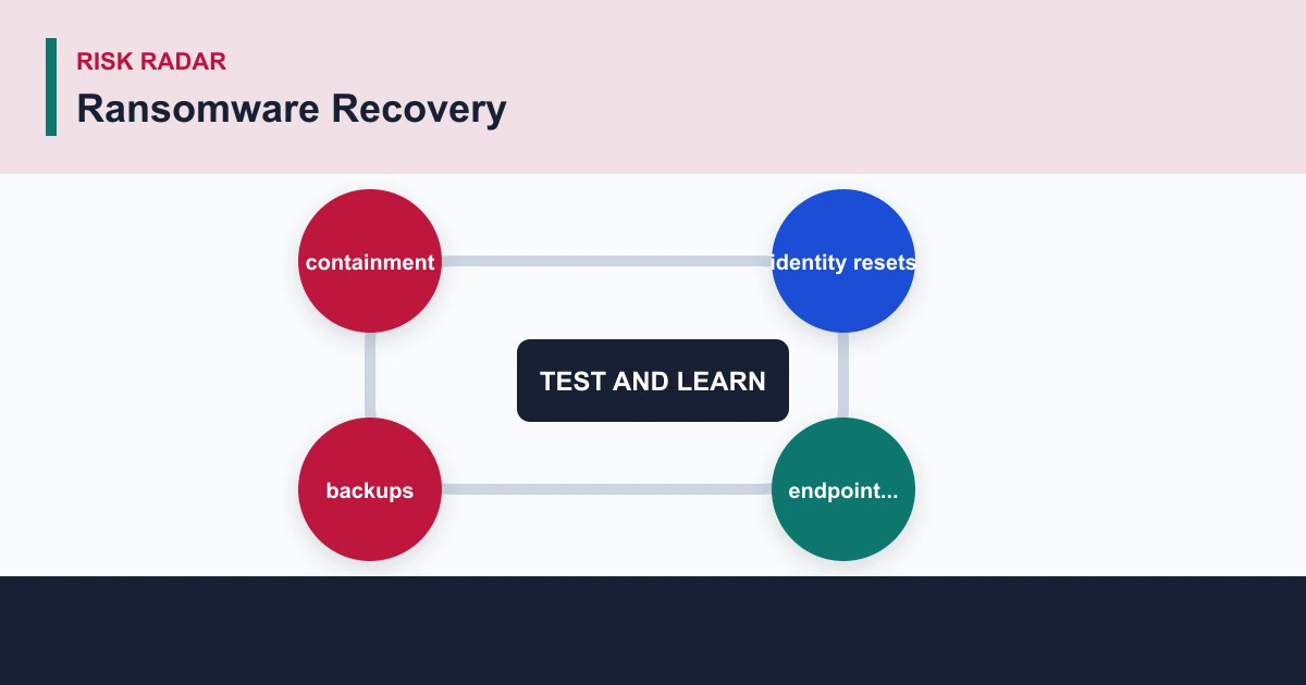 Ransomware Recovery risk radar covering containment, identity resets, endpoint..., backups