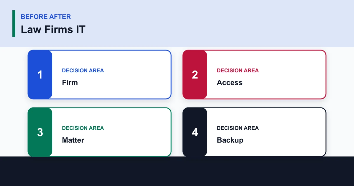 Law Firms IT before after covering Firm, Access, Matter, Backup