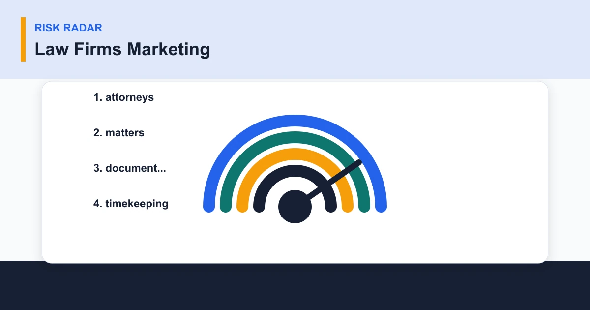 Law Firms Marketing risk radar covering attorneys, matters, document..., timekeeping