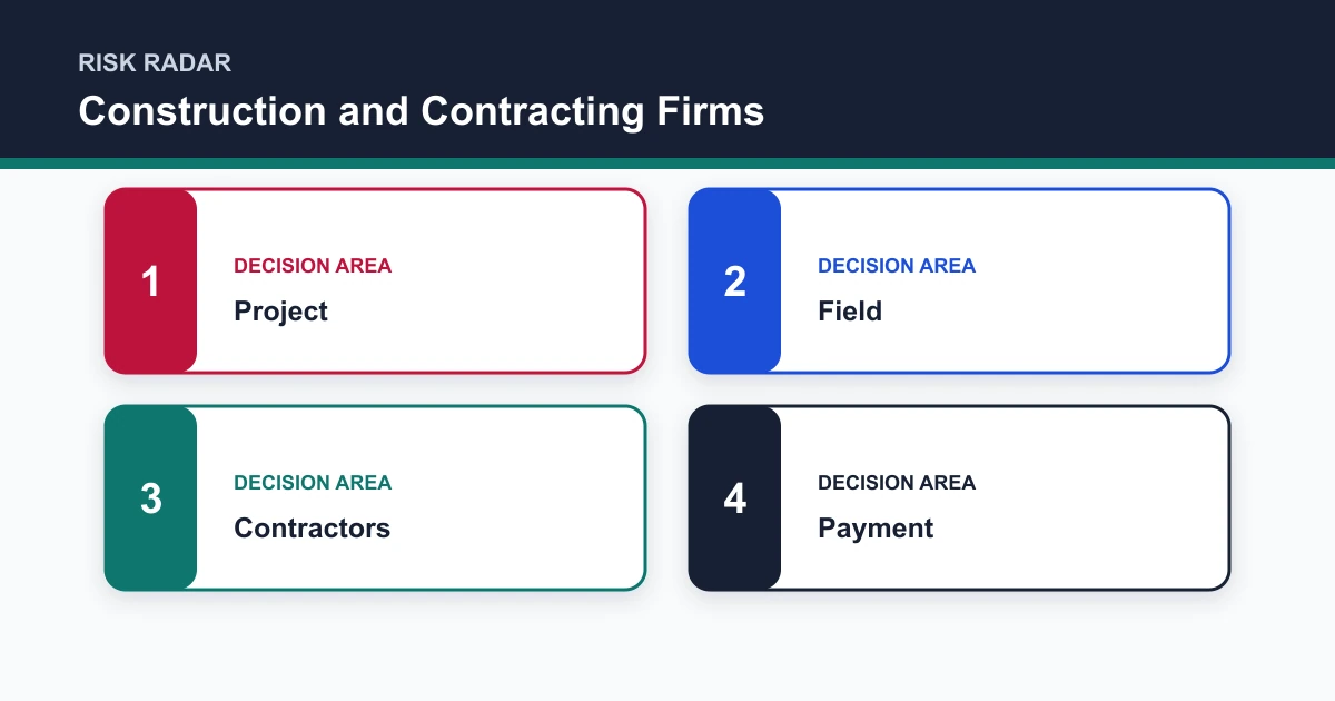 Construction and Contracting Firms risk radar covering Project, Field, Contractors, Payment