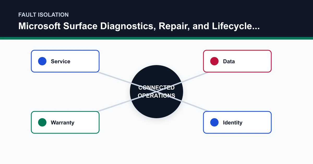 Microsoft Surface Diagnostics, Repair, and Lifecycle Support fault isolation covering Service, Data, Warranty, Identity