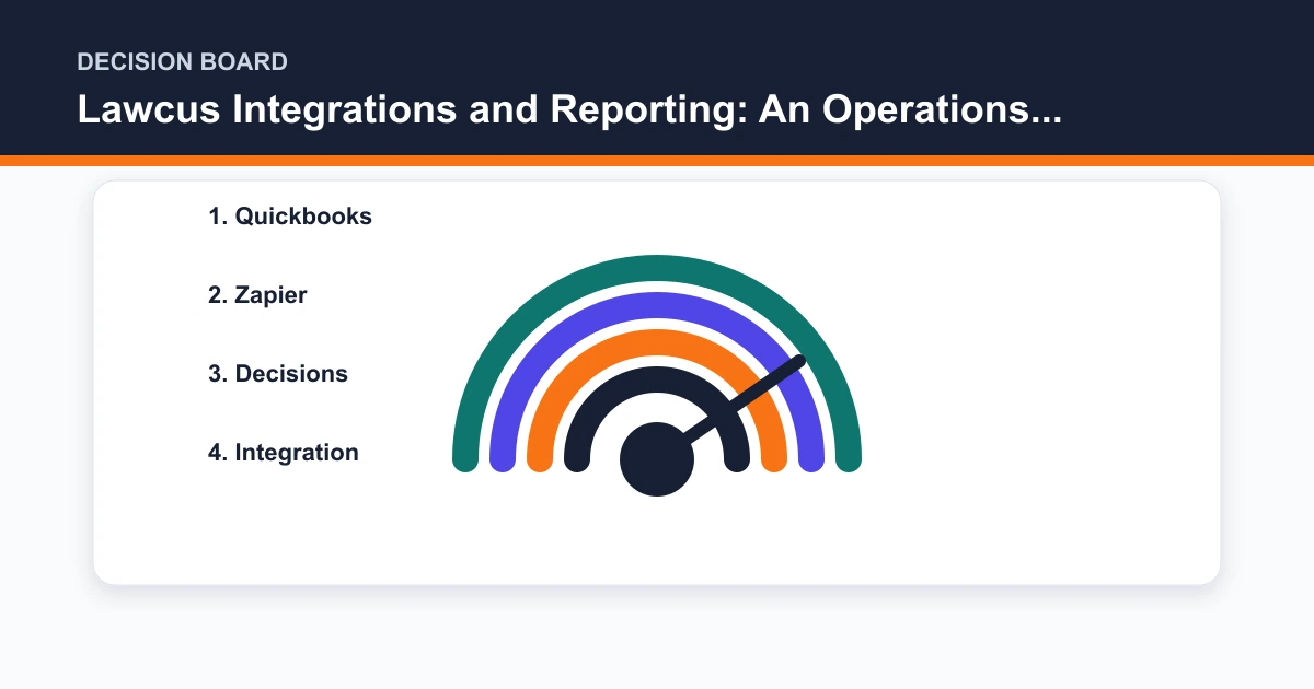 Lawcus Integrations and Reporting: An Operations Control Guide decision board covering Quickbooks, Zapier, Decisions, Integration