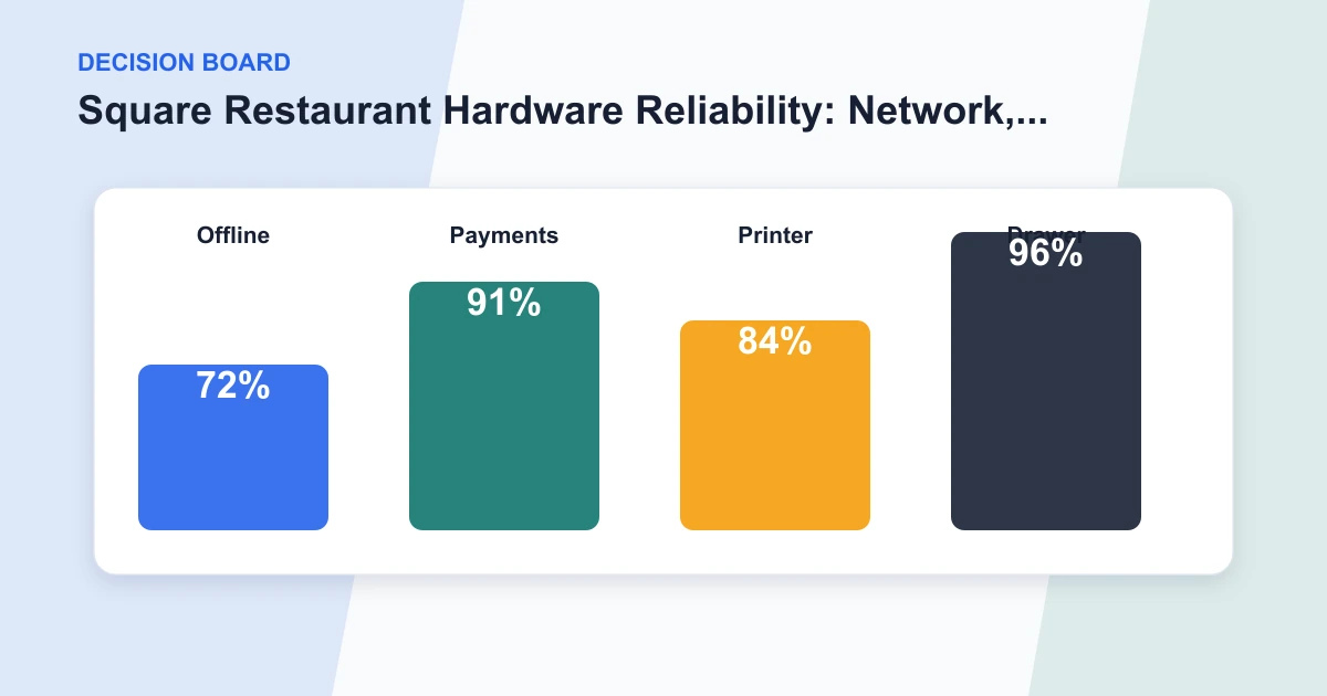 Square Restaurant Hardware Reliability: Network, Printers, Cash Drawers, and Power decision board covering Offline, Payments, Printer, Drawer