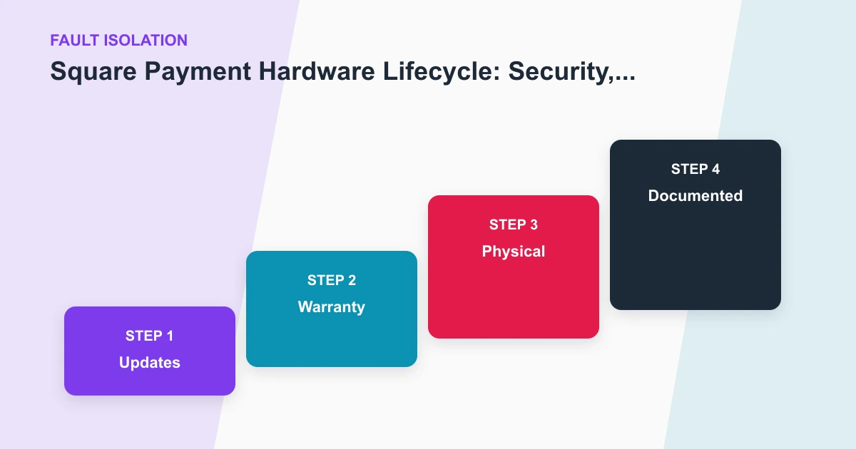 Square Payment Hardware Lifecycle: Security, Troubleshooting, and Replacement fault isolation covering Updates, Warranty, Physical, Documented