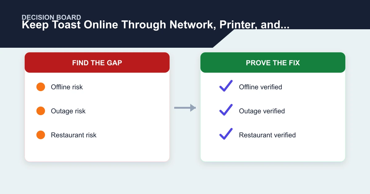 Keep Toast Online Through Network, Printer, and Power Failures decision board covering Offline, Outage, Restaurant, Device