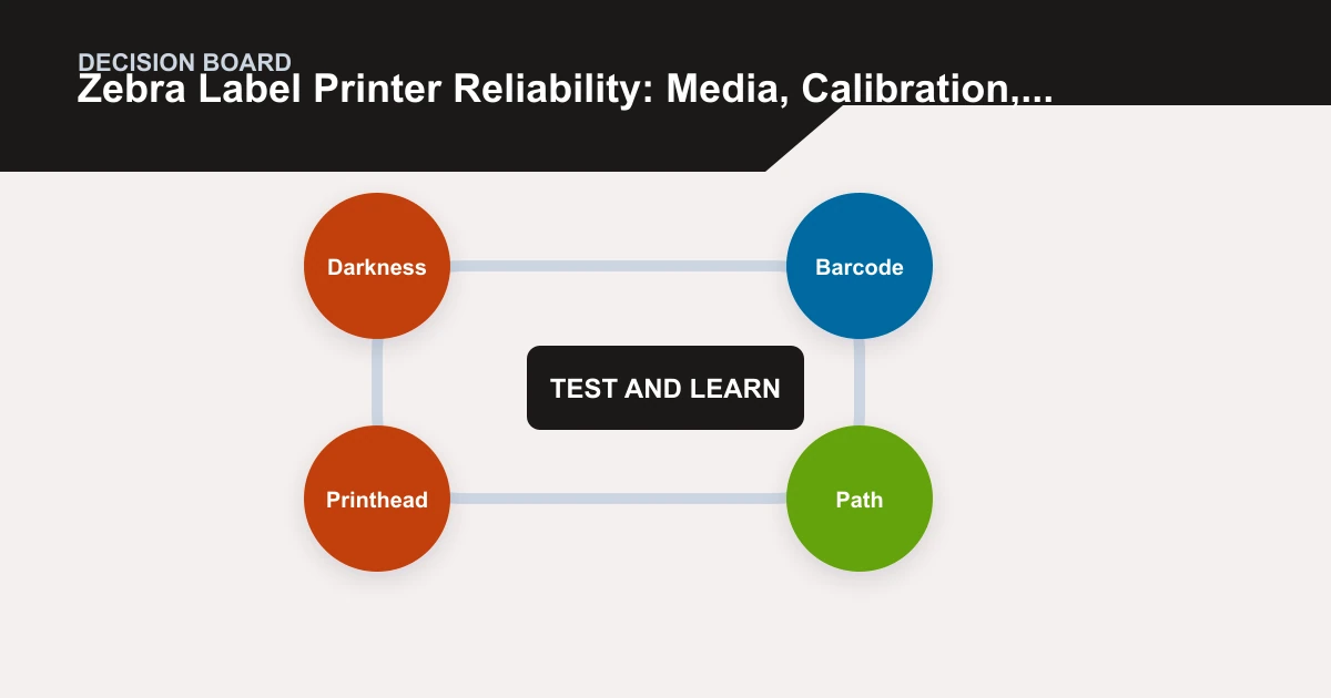 Zebra Label Printer Reliability: Media, Calibration, and Print Quality decision board covering Darkness, Barcode, Path, Printhead