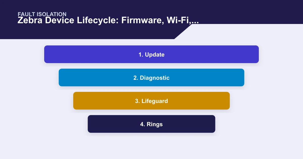 Zebra Device Lifecycle: Firmware, Wi-Fi, Diagnostics, and Repair fault isolation covering Update, Diagnostic, Lifeguard, Rings
