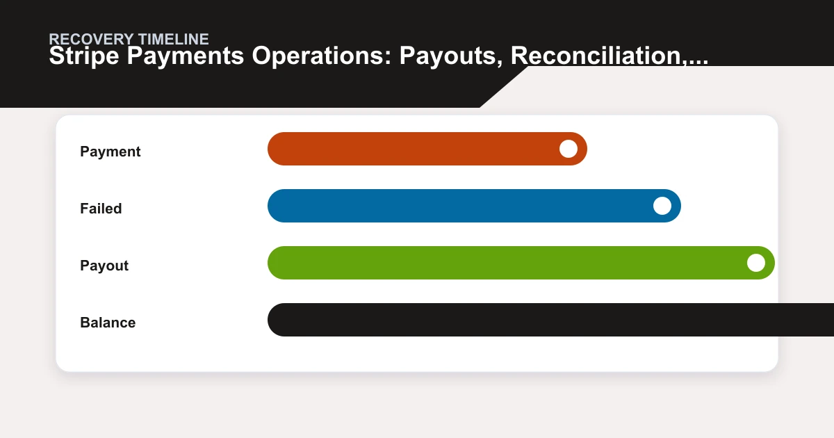 Stripe Payments Operations: Payouts, Reconciliation, and Recovery recovery timeline covering Payment, Failed, Payout, Balance