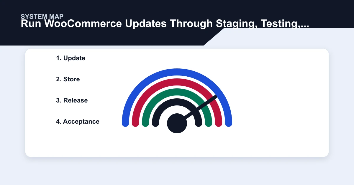 Run WooCommerce Updates Through Staging, Testing, and Rollback system map covering Update, Store, Release, Acceptance