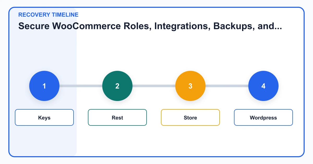 Secure WooCommerce Roles, Integrations, Backups, and Recovery recovery timeline covering Keys, Rest, Store, WordPress