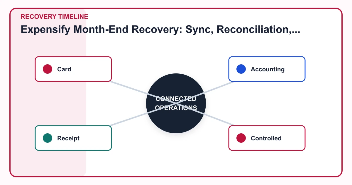 Expensify Month-End Recovery: Sync, Reconciliation, and Export Errors recovery timeline covering Card, Accounting, Receipt, Controlled