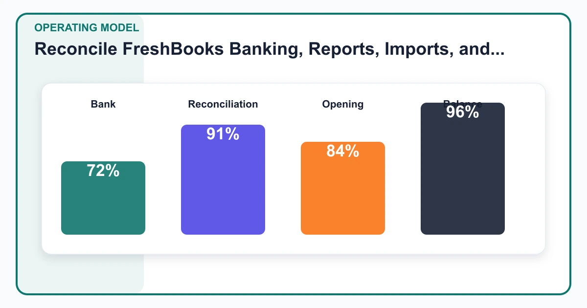 Reconcile FreshBooks Banking, Reports, Imports, and Integrations operating model covering Bank, Reconciliation, Opening, Balance