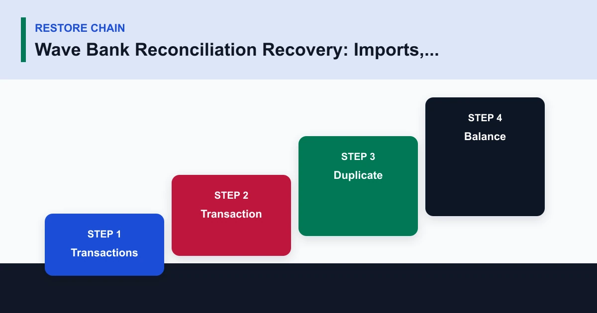 Wave Bank Reconciliation Recovery: Imports, Duplicates, Balances, and Close Evidence restore chain covering Transactions, Transaction, Duplicate, Balance