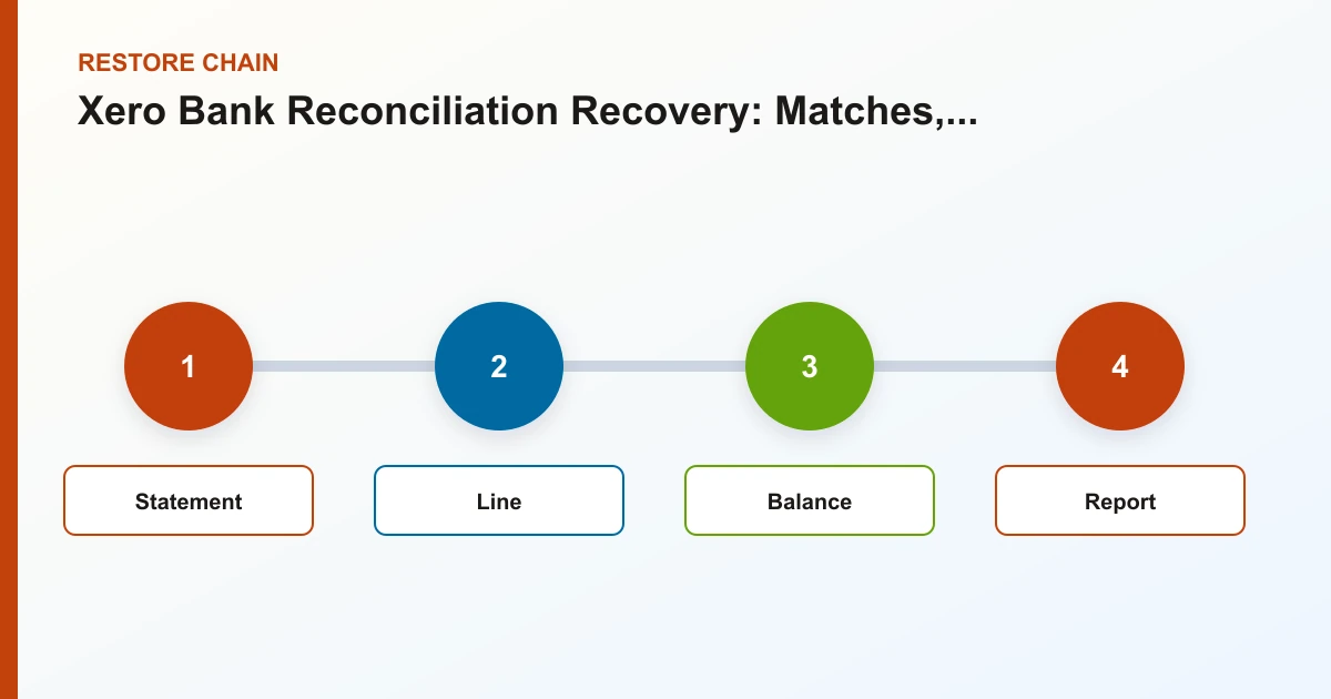 Xero Bank Reconciliation Recovery: Matches, Duplicates, Exceptions, and Rework restore chain covering Statement, Line, Balance, Report