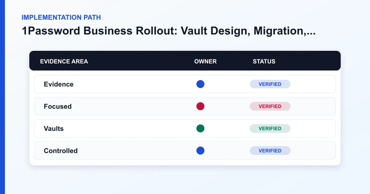 1Password Business Rollout: Vault Design, Migration, Devices, and Adoption implementation path covering Evidence, Focused, Vaults, Controlled