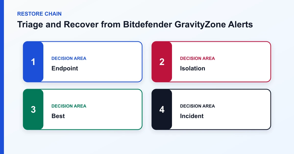 Triage and Recover from Bitdefender GravityZone Alerts restore chain covering Endpoint, Isolation, Best, Incident