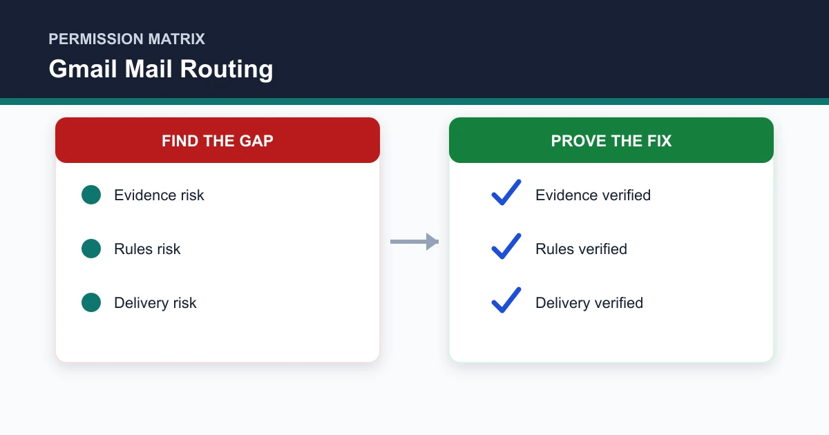 Gmail Mail Routing permission matrix covering Evidence, Rules, Delivery, Priority
