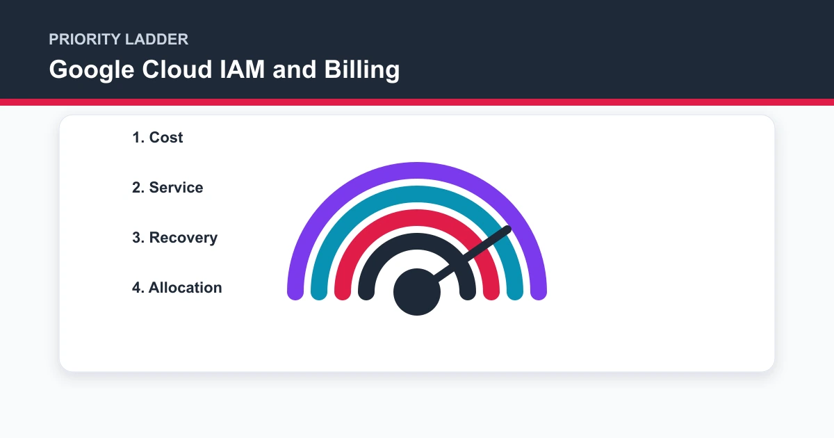 Google Cloud IAM and Billing priority ladder covering Cost, Service, Recovery, Allocation