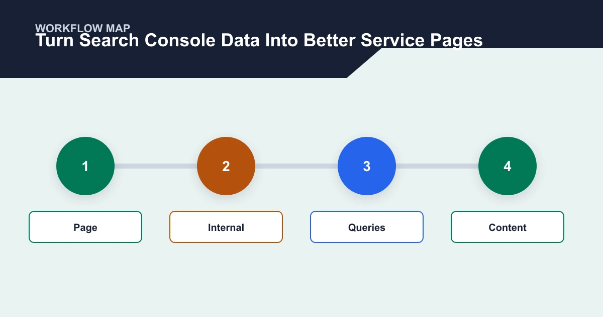 Turn Search Console Data Into Better Service Pages workflow map covering Page, Internal, Queries, Content