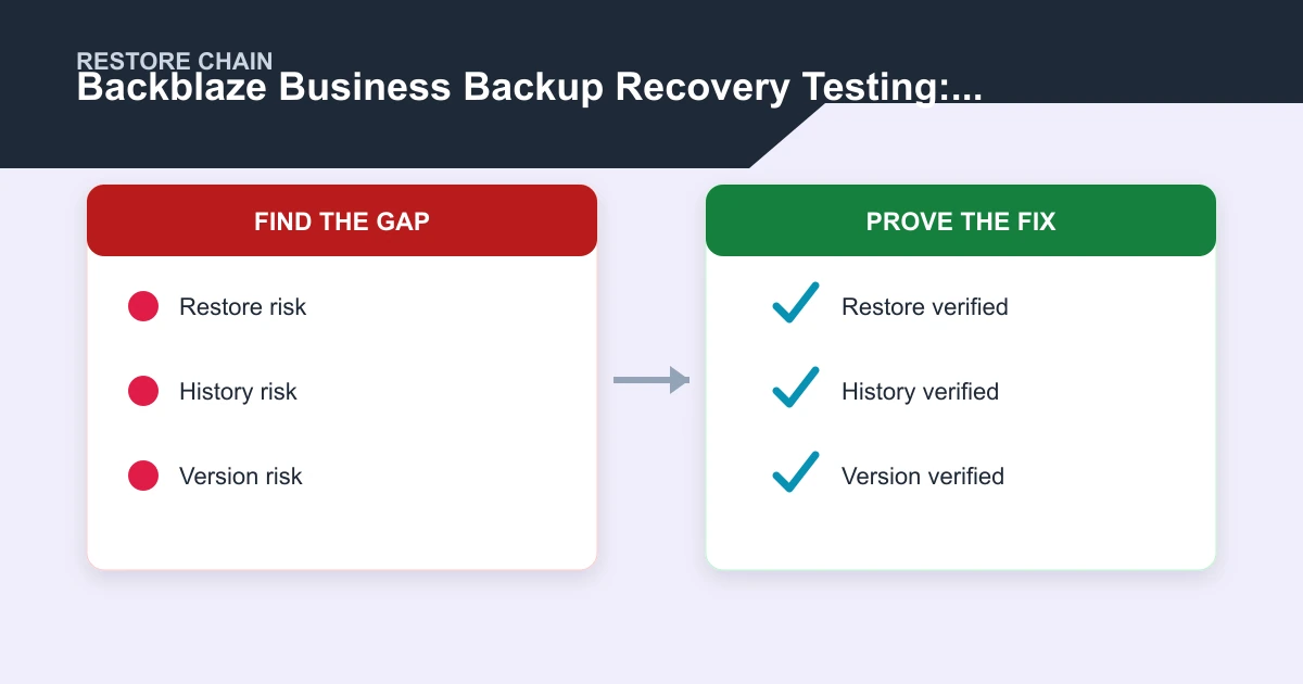 Backblaze Business Backup Recovery Testing: Retention, Drives, and Large Restores restore chain covering Restore, History, Version, Computer