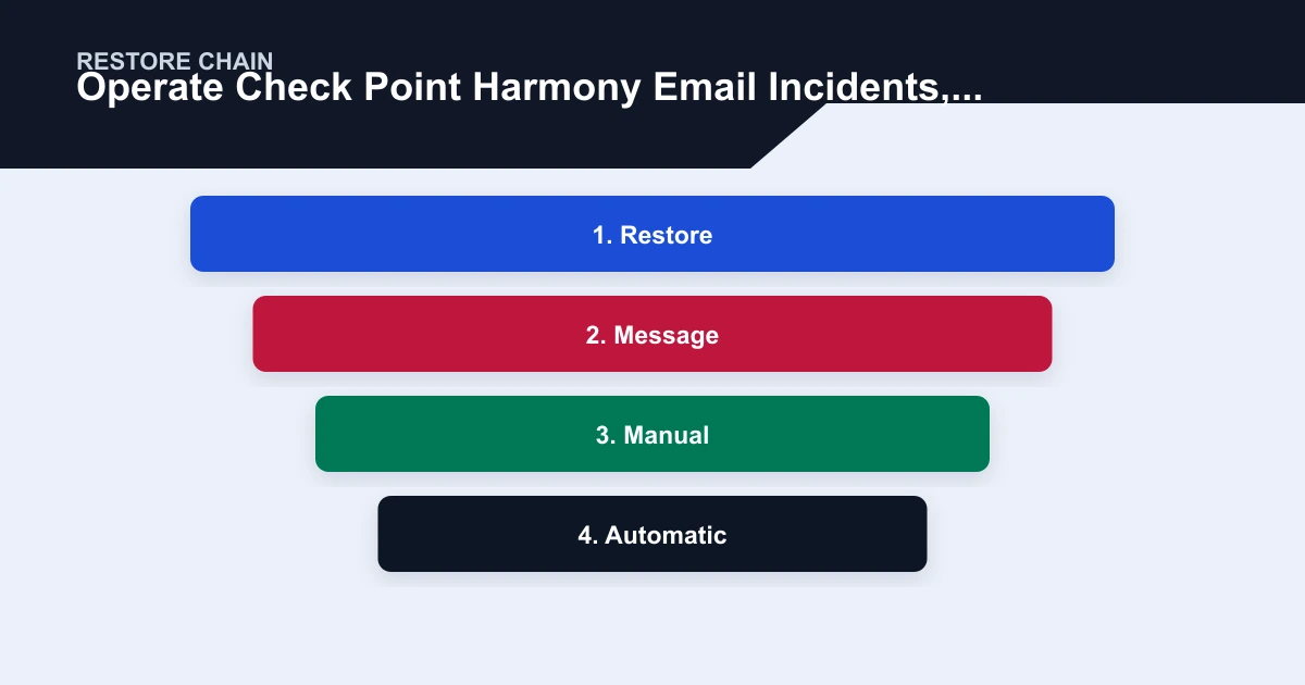 Operate Check Point Harmony Email Incidents, Quarantine, and Restores restore chain covering Restore, Message, Manual, Automatic