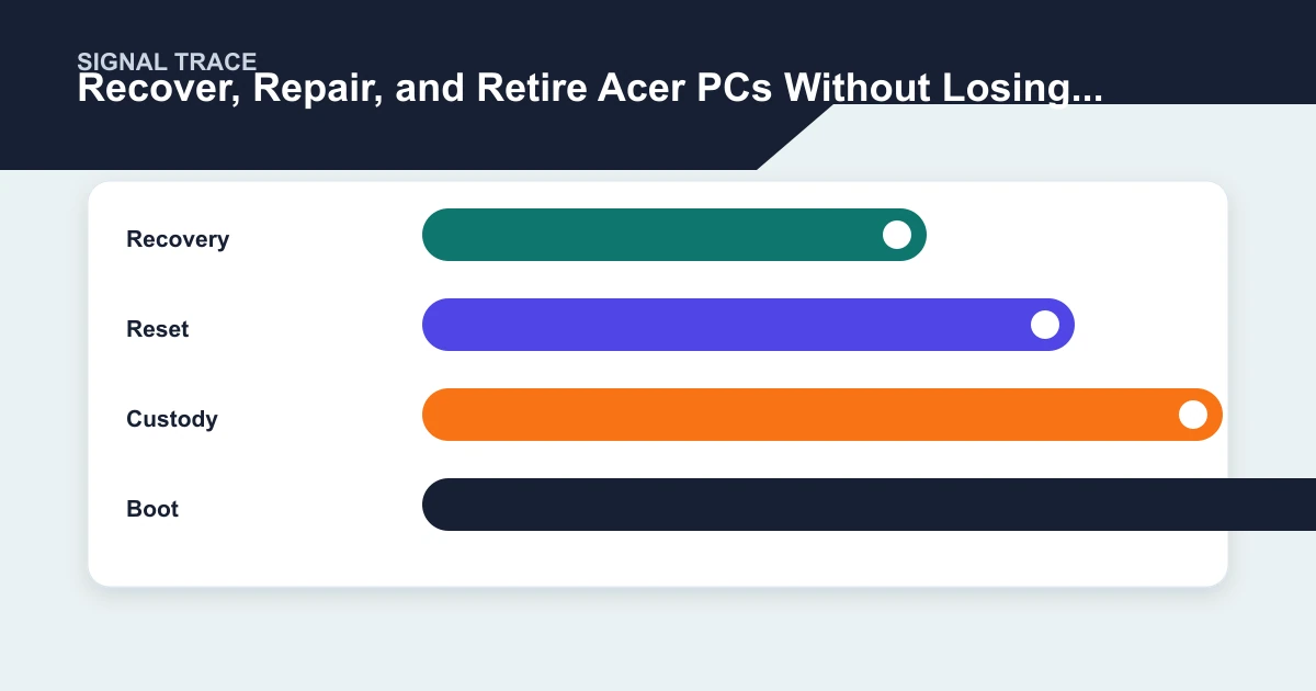 Recover, Repair, and Retire Acer PCs Without Losing Evidence signal trace covering Recovery, Reset, Custody, Boot