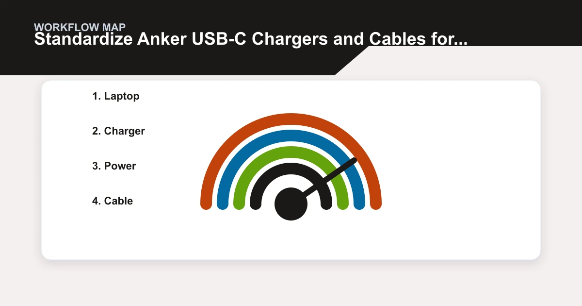 Standardize Anker USB-C Chargers and Cables for Business Laptops workflow map covering Laptop, Charger, Power, Cable