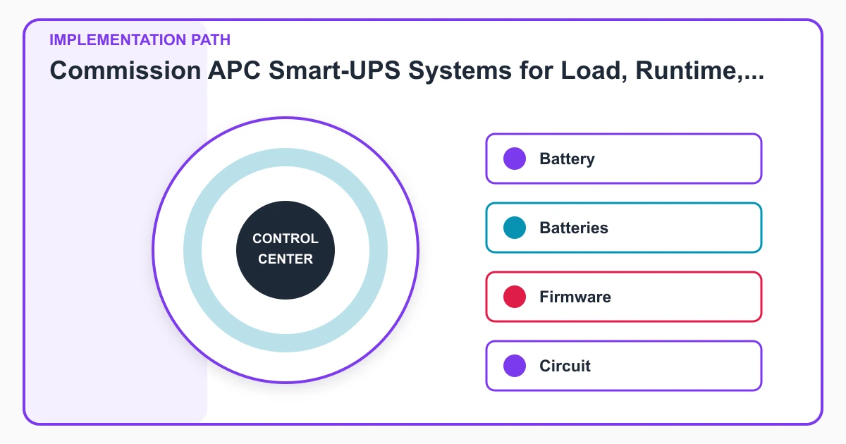 Commission APC Smart-UPS Systems for Load, Runtime, and Safe Failover implementation path covering Battery, Batteries, Firmware, Circuit