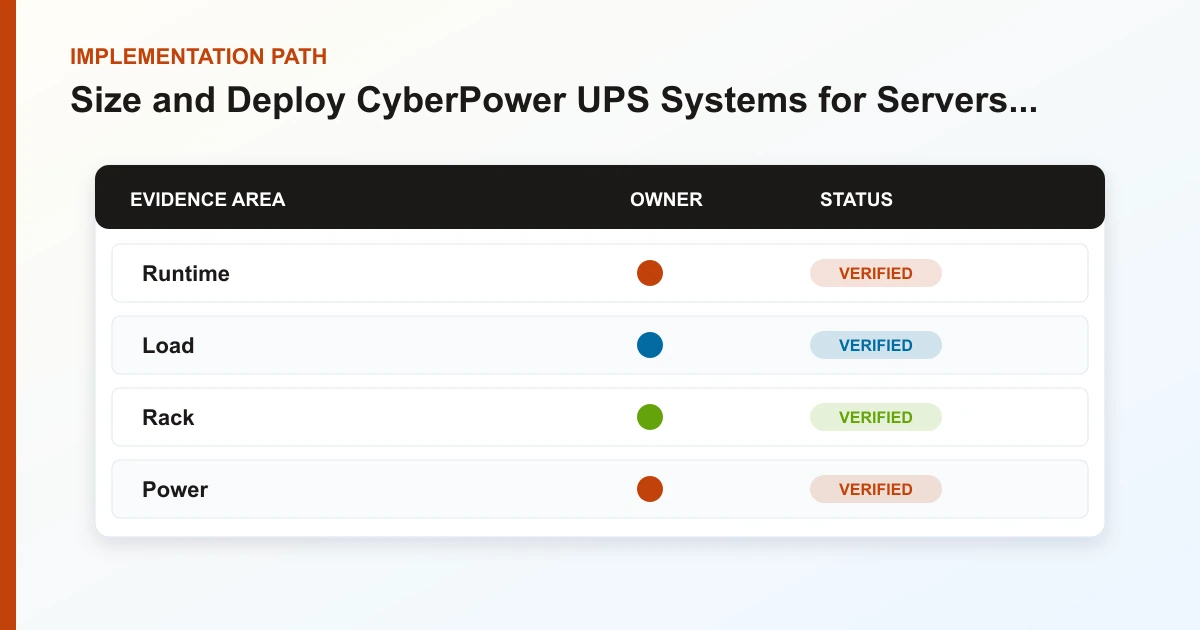 Size and Deploy CyberPower UPS Systems for Servers and Network Closets implementation path covering Runtime, Load, Rack, Power