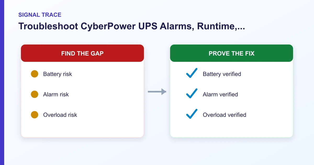 Troubleshoot CyberPower UPS Alarms, Runtime, Batteries, and Shutdowns signal trace covering Battery, Alarm, Overload, Replacement