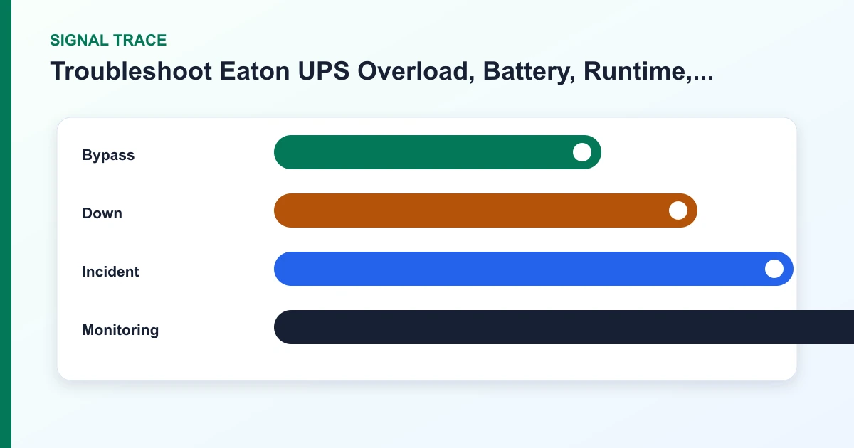 Troubleshoot Eaton UPS Overload, Battery, Runtime, and Shutdown Faults signal trace covering Bypass, Down, Incident, Monitoring