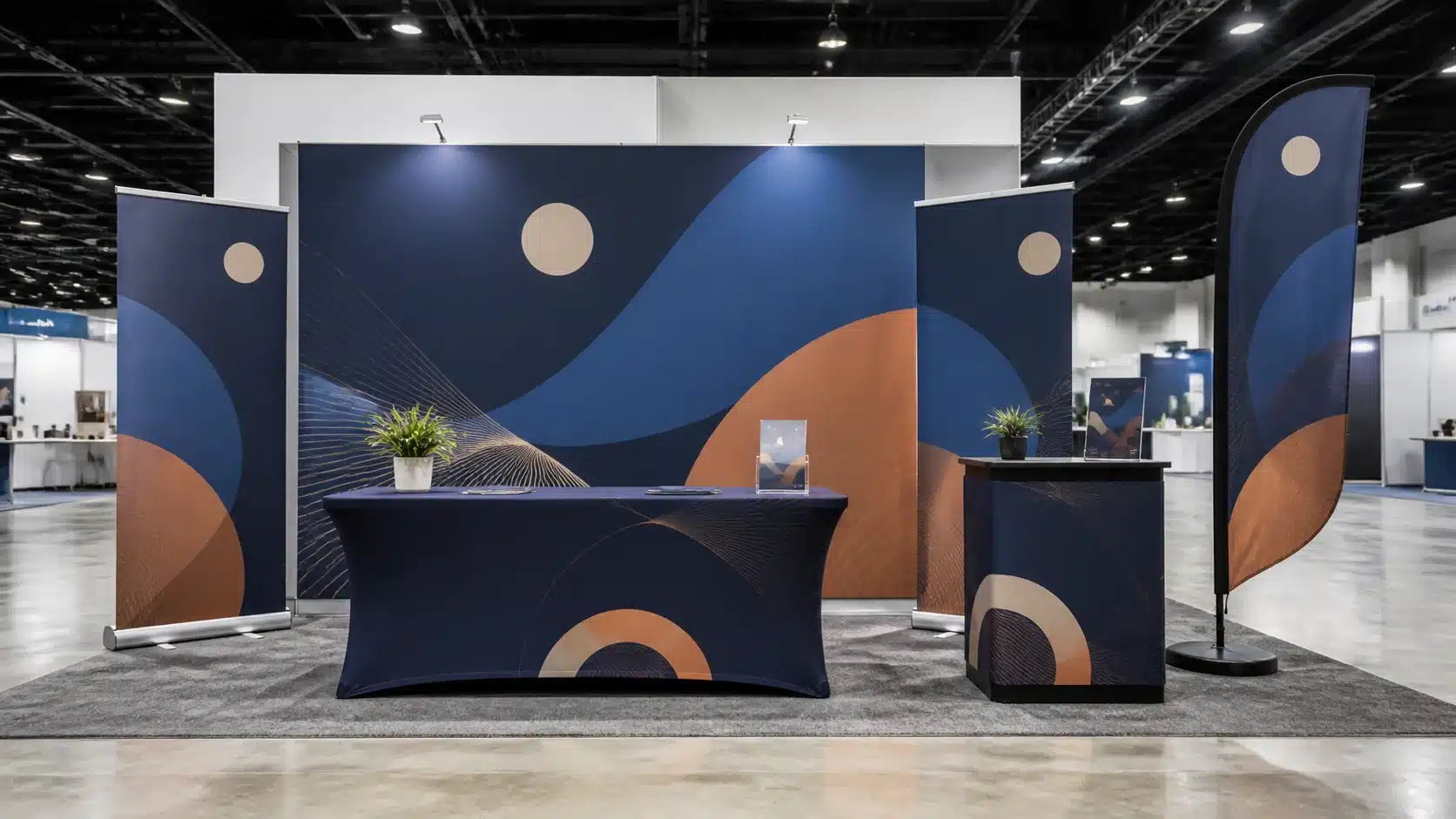 Trade show booth with banners, backdrop, table throw, and flag