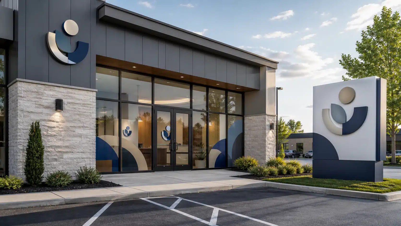 Commercial storefront signs, monument signs, and window graphics