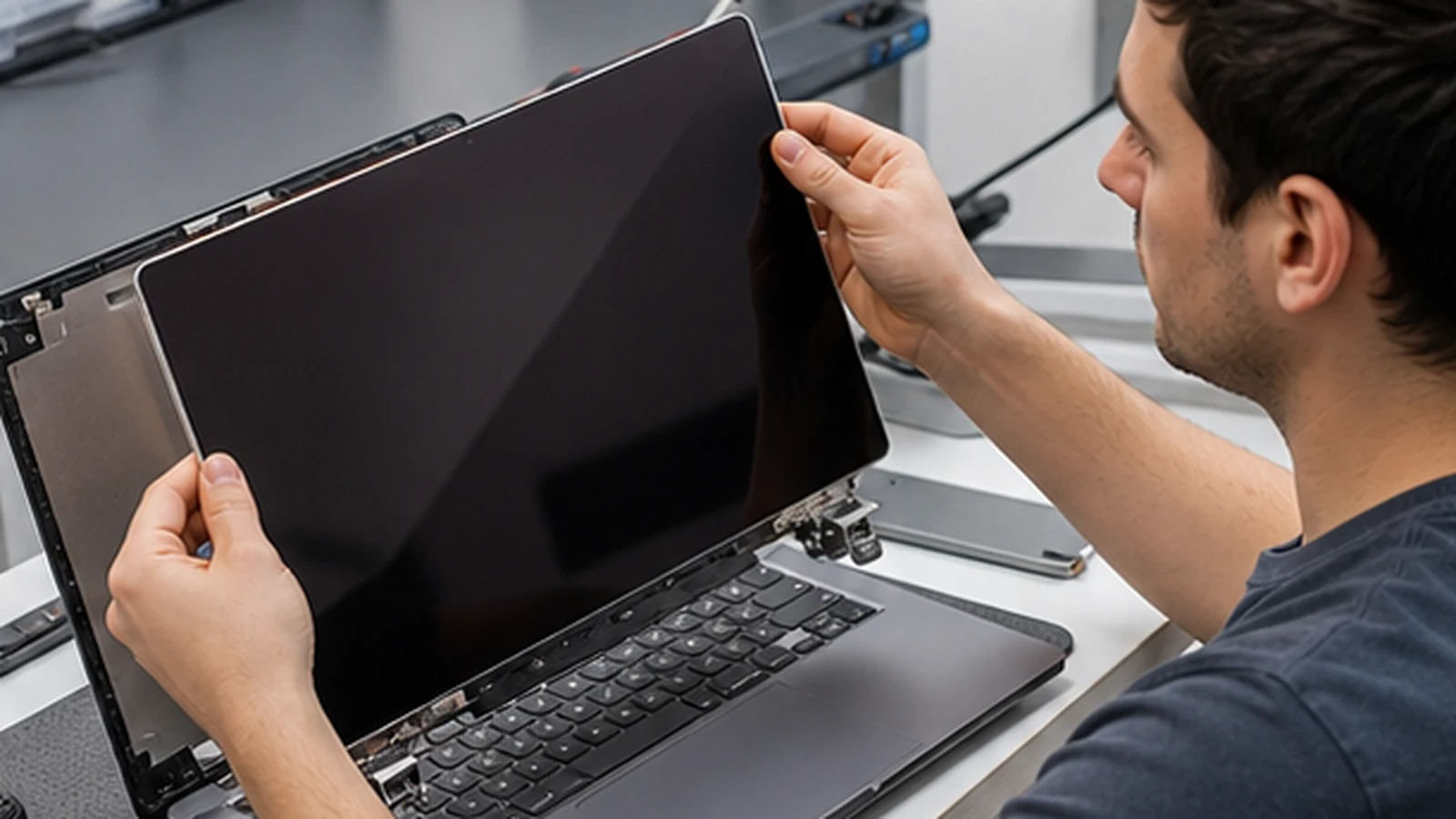 ALLMSP technician completing laptop screen repair for a business workstation