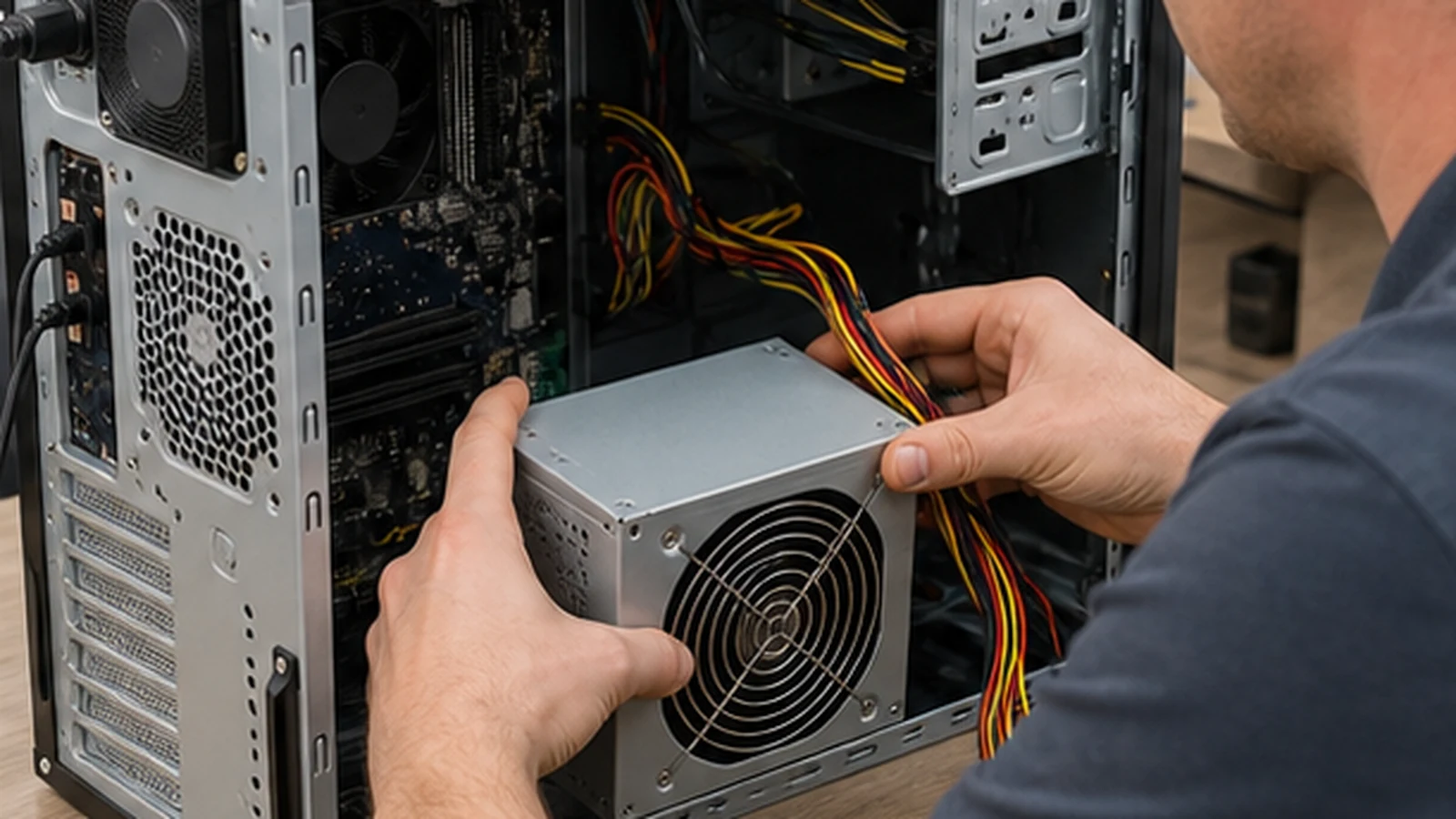ALLMSP technician completing power supply repair for a business workstation