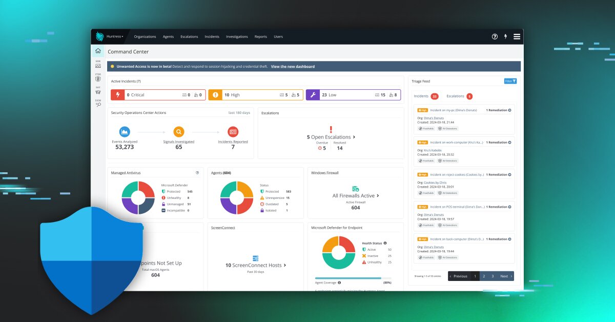Huntress Managed EDR dashboard showing endpoint health incidents and security operations activity