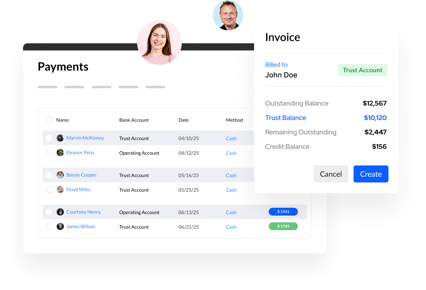 Lawcus billing interface showing client payments invoice balance trust account and payment records