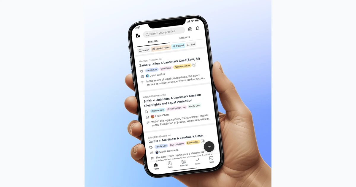 Lawcus mobile interface in use for legal client communications and matter activity
