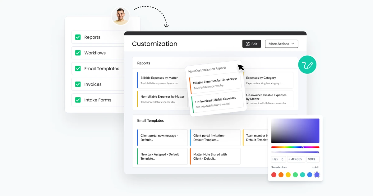 Lawcus customization interface showing reports workflows email templates invoices and intake forms