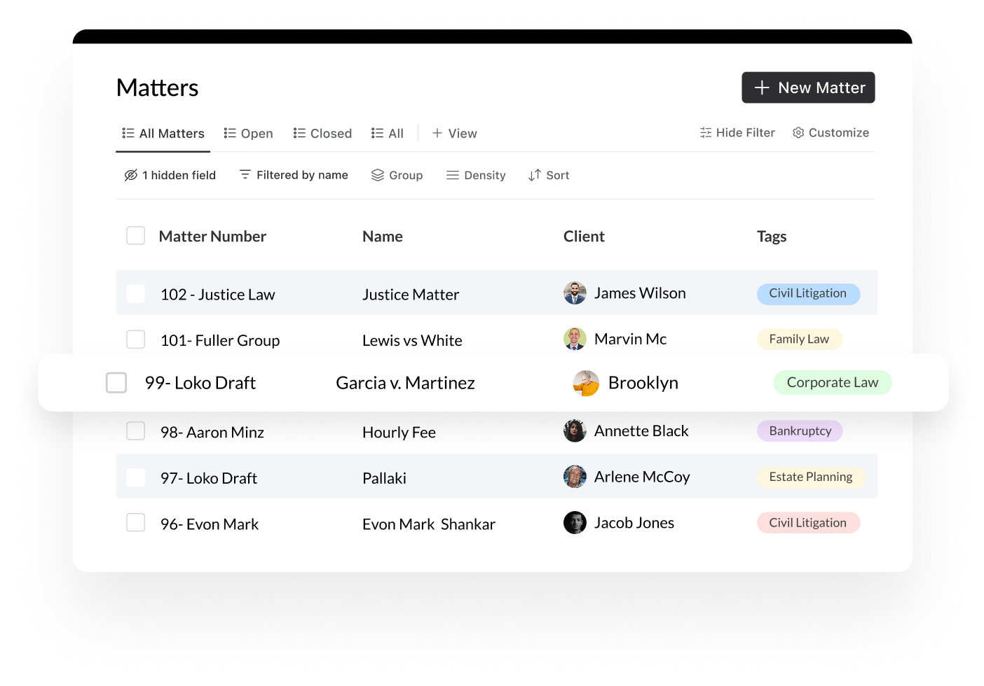 Lawcus matter management interface showing active legal matters clients tags and assigned staff
