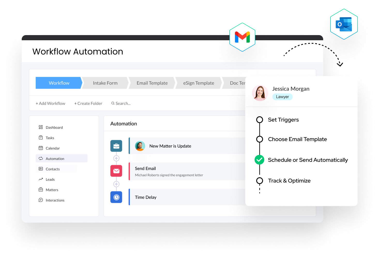 Lawcus workflow automation interface showing a matter trigger automated email and scheduled task sequence