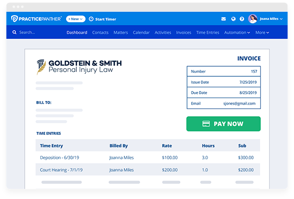 PracticePanther legal billing interface showing an invoice time entries and online payment option