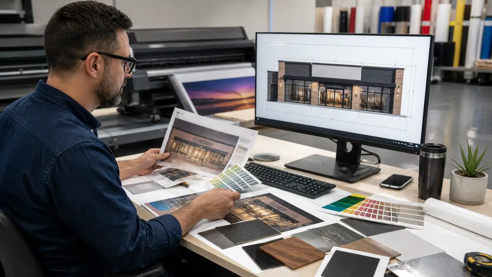 Printing and signage project planning with material and color proofs