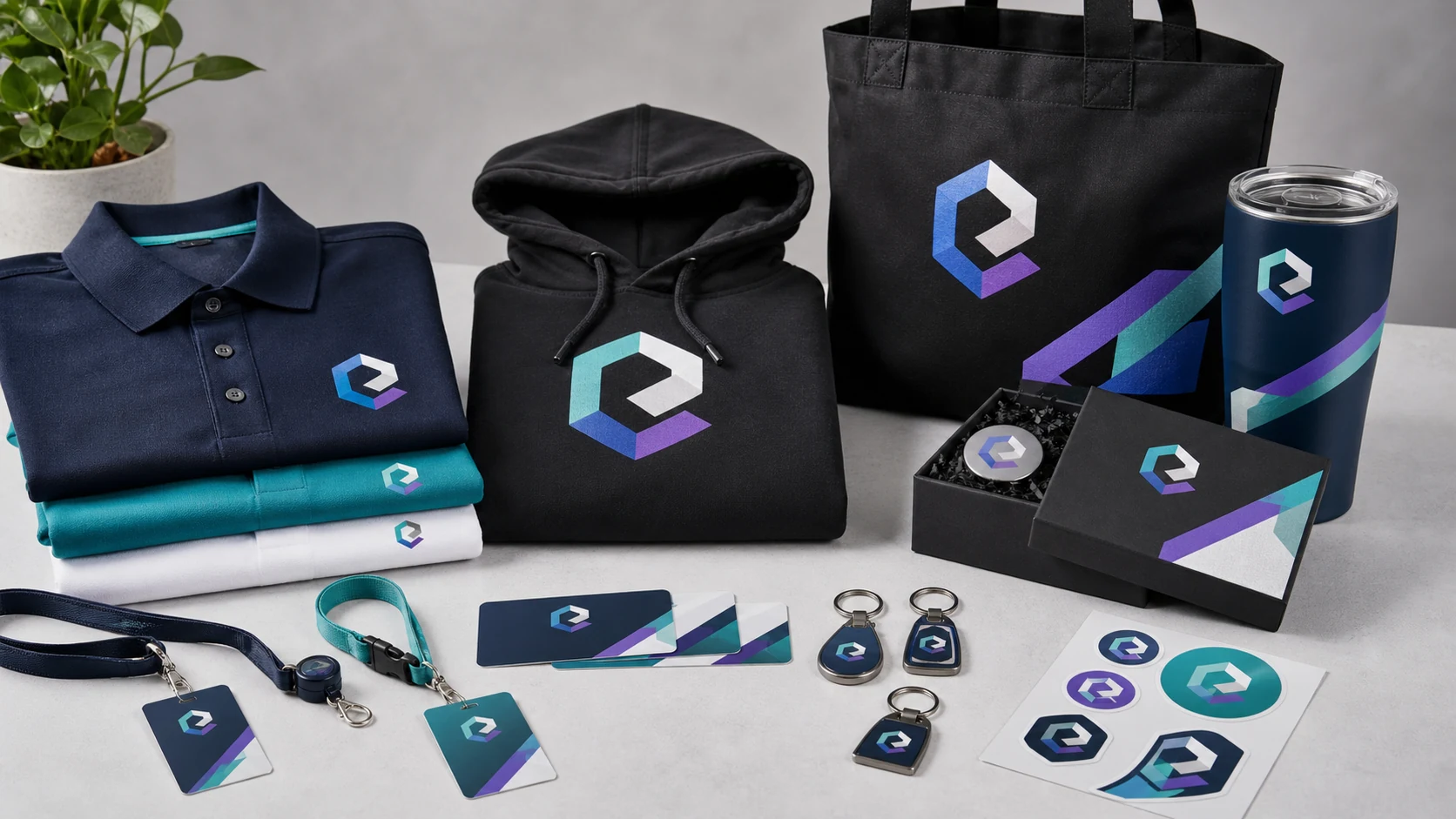 Branded apparel, drinkware, cards, lanyards, bags, and specialty products